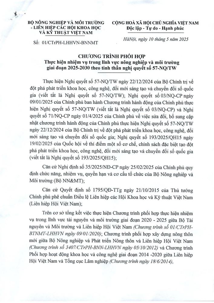 LHHVN phối hợp với Bộ NNMT trong lĩnh vực nông nghiệp và môi trường giai đoạn năm 2025 - 2030 theo tinh thần NQTƯ số 57-NQ/TW