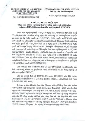LHHVN phối hợp với Bộ NNMT trong lĩnh vực nông nghiệp và môi trường giai đoạn năm 2025 - 2030 theo tinh thần NQTƯ số 57-NQ/TW