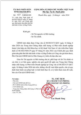 (TTQCC.VN) - Công văn số 5637/UBND-NN ngày 23/04/2024 của Ủy ban nhân dân tỉnh Thanh Hóa