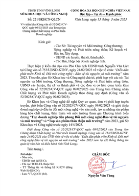 Công văn số 221/SKHCN-QLCN ngày 13/03/2023 của UBND Tỉnh Vĩnh Long