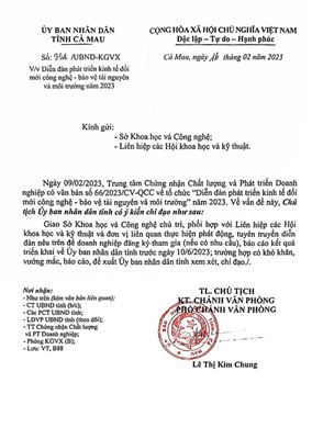 Công văn số 954/UBND-KGVX ngày 16/02/2023 của UBND Tỉnh Cà Mau