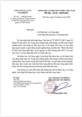 (TTQCC.VN) - Công văn số 612/VPUB-VXNV ngày 07/03/2023 của UBND Tỉnh Hà Nam