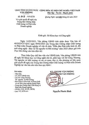Công văn số 212/VP-KTN ngày 20/02/2023 của UBND Tỉnh Quảng Ngãi