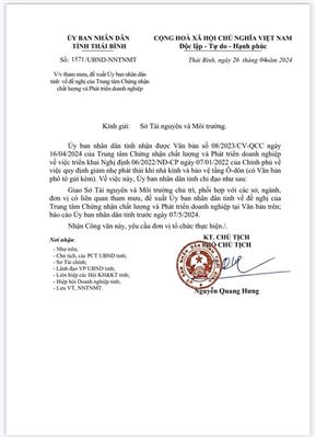 (TTQCC.VN) - Công văn số 1571/UBND-NNTNMT ngày 26/04/2024 của UBND Tỉnh Thái Bình
