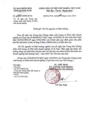(TTQCC.VN) - Công văn số 2935/UBND-KTN ngày 24/04/2024 của UBND Tỉnh Quảng Nam