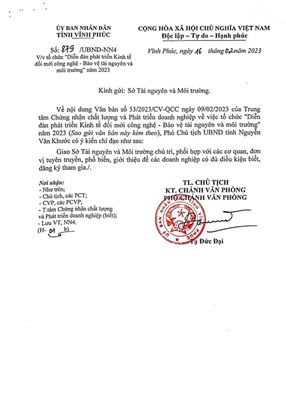 (TTQCC.VN) - Công văn số 879/UBND-NN4 ngày 16/02/2023 của UBND tỉnh Vĩnh Phúc
