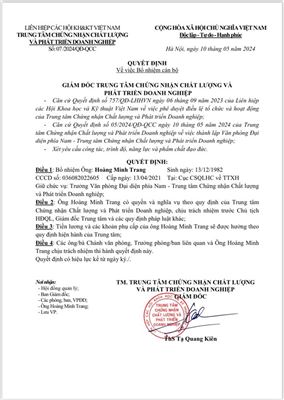 (TTQCC.VN) - Quyết định bổ nhiệm Trưởng Văn phòng Đại diện phía Nam đối với ông Hoàng Minh Trang